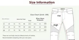 Detailed size information chart for women's motorcycle riding jeans with measurements