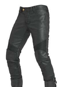 Men's black coated motorcycle pants with protective knee armor and accordion stretch panels