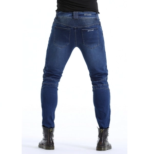 Detail of motorcycle jeans showing elastic accordion panels on the waist and back yoke