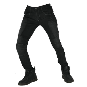 Detail view of motorcycle protective jeans with stretch accordion panels at knees