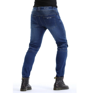 Rear view of men's blue motorcycle jeans showing elastic stretch panels and brand label