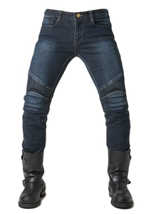 Detail of blue motorcycle jeans featuring accordion stretch panels on the knees for flexibility
