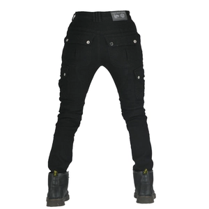 Detail of army green motorcycle jeans featuring utility pockets and knee pleat protection