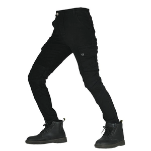 Detail of black slim-fit motorcycle cargo jeans featuring side pockets and knee pleats