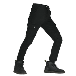 Detail of military green motorcycle cargo pants with reinforced knee and side pockets