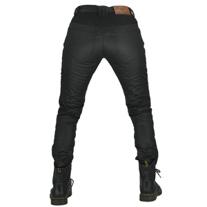Women's waterproof motorcycle jeans in black with protective padding and elastic zones