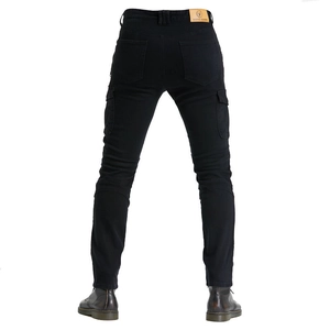 Detailed back view of biker jeans with accordion stretch panels and Moto Jeans leather patch