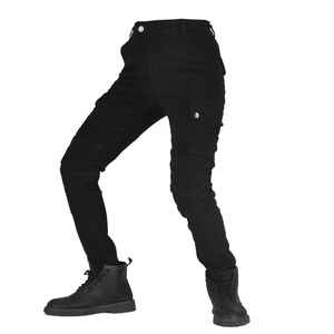 Detail of army green motorcycle jeans featuring protective knee pleats and utility pockets