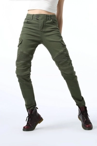 Detail view of army green cargo pants with knee pleats and utility pockets for bikers