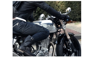 Kevlar motorcycle riding jeans for men with protective gear and black biker boots