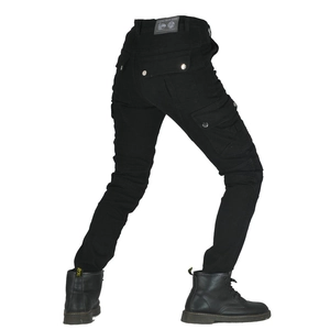 Women's black cargo motorcycle jeans with stretch panels and protective gear pockets