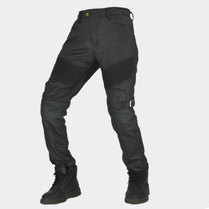 Men's black coated waterproof motorcycle jeans with ribbed protective panels