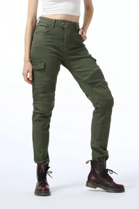 Detail view of military green cargo pants with knee pleats and tactical side flap pockets