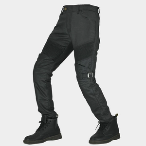 Waterproof motorcycle riding jeans in black with flexible accordion knee panels