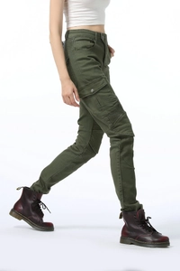 Detail of olive green motorcycle pants featuring ribbed knee panels and side cargo pockets