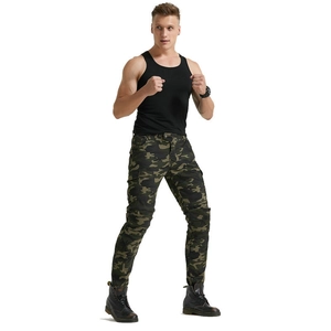 Detail of camouflage cargo pants with functional knee pleats and tactical side pockets