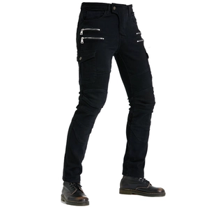 Detail of motorcycle riding jeans with zipper accents and tactical cargo pockets