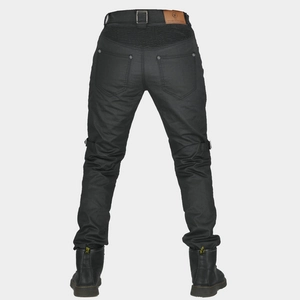 Waterproof motorcycle riding jeans in black coating with back view and protective features