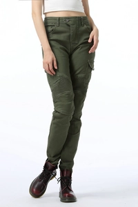 Detail view of military green cargo riding pants with protective knee pleats and side pockets