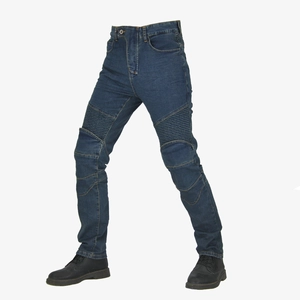 Detailed accordion stretch panels on blue motorcycle riding jeans with knee protection