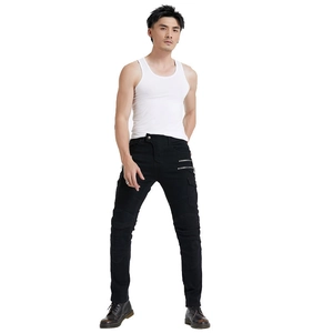 Black motorcycle riding jeans with knee pleats and decorative metal zipper pockets