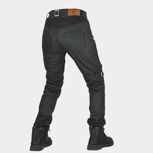 Men's retro charcoal waterproof motorcycle jeans with protective stretch panels and leather patch