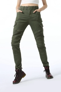 Close-up of pleated knee panel and cargo pockets on green motorcycle riding pants