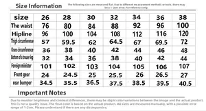 Detailed size chart for motorcycle riding jeans showing waist and hip measurements