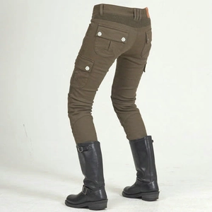 Army green Kevlar motorcycle jeans for women with utility cargo pockets and protective gear