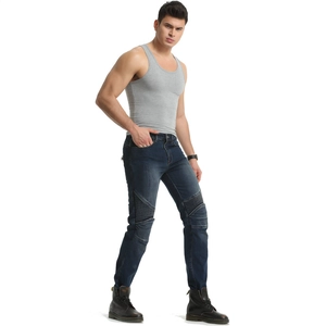 Close-up of ribbed knee panels on dark blue protective motorcycle jeans for men