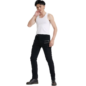 Detail of black motorcycle cargo pants with pleated knees and dual metal zipper pockets