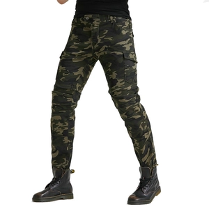 Slim fit camouflage cargo motorcycle jeans with multi-pocket design and pleated knees