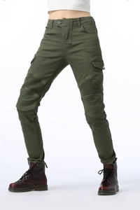 Detailed view of olive green motorcycle cargo pants with pleated knee panels and side pockets