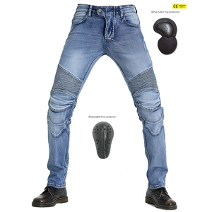 Detail of motorcycle jeans featuring accordion panels at knees and CE armor pads