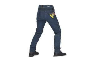 Detail of blue motorcycle riding jeans with accordion knees and CE safety tags