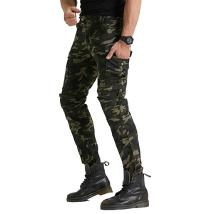 Detail of forest camo cargo pants featuring reinforced knee pleats and tactical pockets