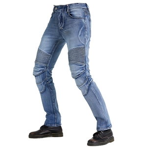 Detailed view of motorcycle jeans with accordion stretch panels for knee protection and comfort