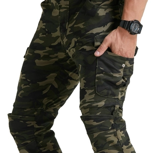Men's camouflage cargo pants with side pockets and reinforced knee panels in forest green