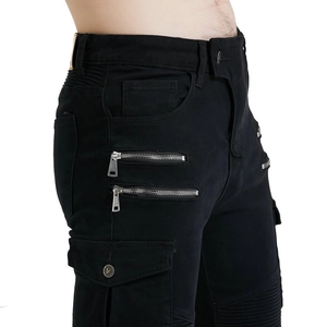 Men's motorcycle cargo pants featuring dual metal zippers and moto-style knee pleats