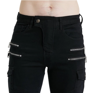 Detail of black motorcycle cargo jeans showing decorative zippers and large utility pockets