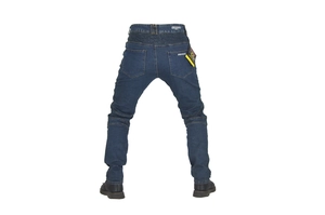 Detail view of denim motorcycle pants with elastic accordion panels and CE safety label