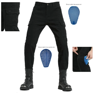 Detail view of black motorcycle riding pants with detachable knee and hip protection pads