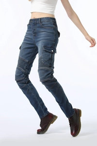 Detail view of motorcycle cargo jeans with knee accordion panels and side flap pockets