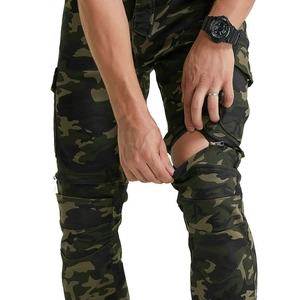 Men's camouflage cargo riding shorts with tactical multi-pockets and zipper knee details