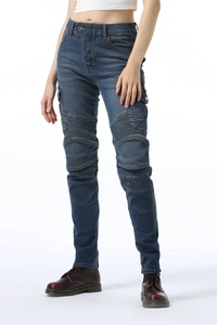 Detail of knee accordion stretch panels on slim fit blue motorcycle cargo jeans for women