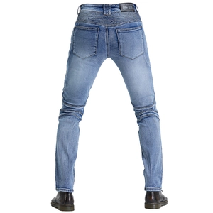 Rear view of vintage motorcycle jeans with stretch accordion panels on waist and knees
