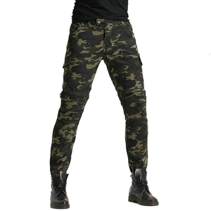 Detail of camouflage cargo motorcycle pants with reinforced pleated knees and pockets