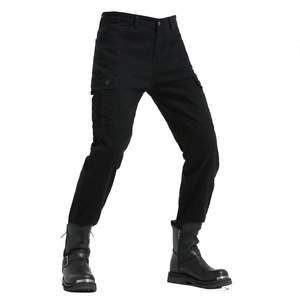 Men's black cargo motorcycle riding pants with reinforced knees and side flap pockets