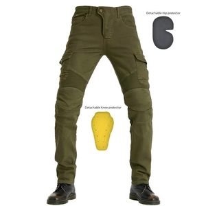 Détail du pantalon moto vert militaire avec protections amovibles CE aux genoux et hanches