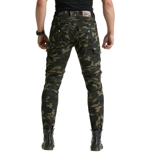 Detail of camouflage motorcycle cargo pants with stretch panels and protective fabric